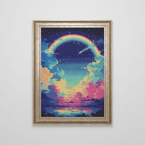 Può includere: Una stampa d'arte digitale incorniciata che presenta un arcobaleno arcuato su un cielo colorato e pixelato con stelle e una stella cadente. Il cielo è un gradiente di blu, viola, rosa e giallo.