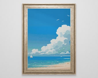 A Day at the Beach Cross Stitch Pattern | Ocean Landscape Cross Stitch Chart Download | Nature Cross Stitch | Summer Cross Stitch PDF