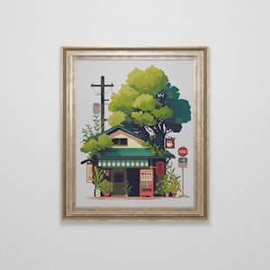 Japanese Tea Shop Cross Stitch Pattern | Kawaii Anime Manga Cross Stitch | Japan Landscape Cross Stitch Chart