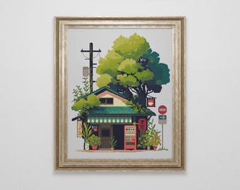 Japanese Tea Shop Cross Stitch Pattern | Kawaii Anime Manga Cross Stitch | Japan Landscape Cross Stitch Chart