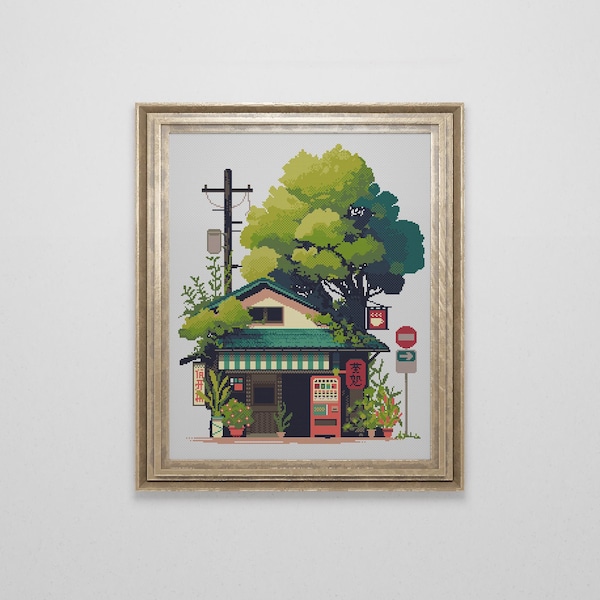 Japanisches Tee Geschäft Kreuzstichmuster | Kawaii Anime Manga Kreuzstich | Japan Landschaft Kreuzstichvorlage