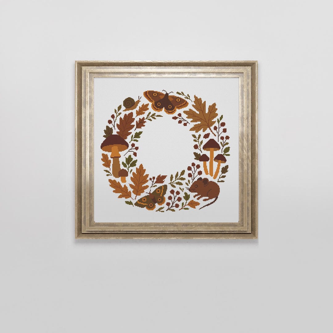 Autumn Fall Leaves Wreath Cross Stitch Pattern | Moth Snail Mouse ...
