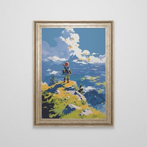 Op de afbeelding: Een ingelijst schilderij van een videogamepersonage dat op een klif staat met uitzicht op een uitgestrekt, blauw landschap. Het personage draagt een blauw shirt, een bruine broek en een rode hoed. De lucht is lichtblauw met witte wolken. Het schilderij is in een gouden lijst.