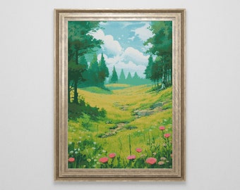 Summer Meadow Cross Stitch Pattern | Scenery Cross Stitch Chart | Large Nature Cross Stitch Sampler | Cross Stitch PDF