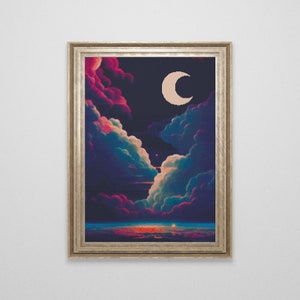 Neon Moon Cross Stitch Pattern | Vintage Galaxy Cross Stitch Chart Download | Large Space Counted Cross Stitch PDF