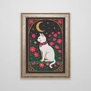 Art Nouveau Cat Cross Stitch Pattern | Gothic Folk Art Cross Stitch PDF | Easy Witchy Embroidery | Cottagecore Goblincore