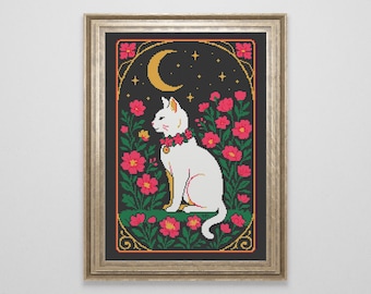Art Nouveau Cat Cross Stitch Pattern | Gothic Folk Art Cross Stitch PDF | Easy Witchy Embroidery | Cottagecore Goblincore