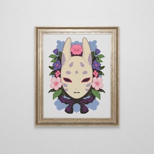 Japanese Kitsune Mask and Blossoms Cross Stitch Pattern | Kawaii Anime Manga Cross Stitch | Japan Cross Stitch Chart