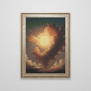 Peut inclure: Une peinture encadrée représentant un soleil jaune vif brillant à travers des nuages ​​rouge foncé et brun. Le soleil est entouré d'une auréole blanche et de rayons de lumière.