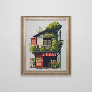 Japanese Udon Noodle Shop Cross Stitch Pattern | Kawaii Anime Manga Cross Stitch | Japan Landscape Cross Stitch Chart