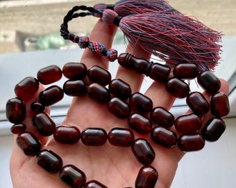 Natural Baltic Amber Cherry Color 73g. Islamic Prayer Rosary 33 Barrel Beads Tasbih Misbaha