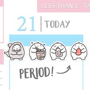 May include: A sheet of planner stickers with four cartoon characters. One is in a shark costume, another is drinking boba tea, and the others are holding a bottle and a red droplet. The text "PERIOD!" is also present.