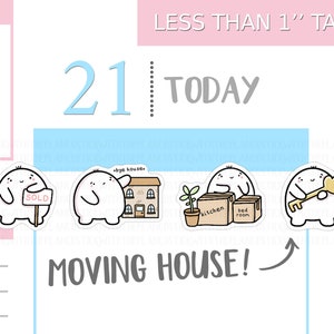 May include: Planner stickers with a moving house theme. The stickers show a cartoon character with a sold sign, a house, boxes labelled "kitchen" and "bed room", a plant, and a key. Text includes "LESS THAN 2.5cm TALL" and "MOVING HOUSE!"