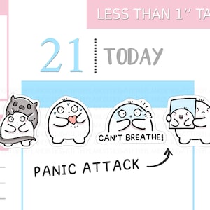 May include: A set of white cartoon stickers depicting emotional expressions. One sticker shows a character with a heart, another says "CAN'T BREATHE!" The text "PANIC ATTACK" is also present. The stickers are less than 2.5 cm tall.