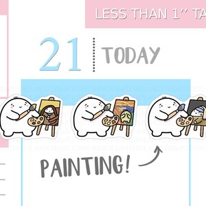 May include: A sheet of white stickers featuring three cartoon characters painting famous artworks. Each character has a paintbrush and palette. The text "PAINTING!" is below the stickers. The text "LESS THAN 2.5 cm TALL" and the numbers "21" and "22" are also visible.
