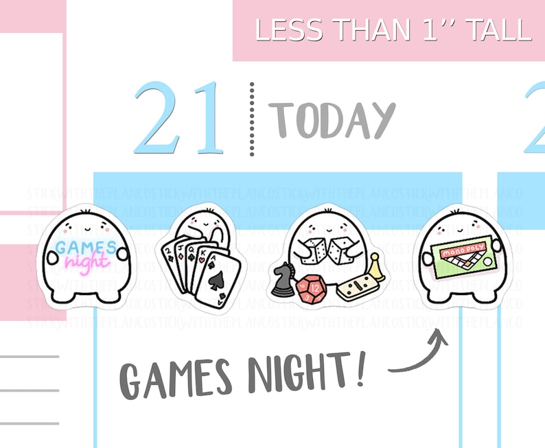 May include: A sheet of stickers featuring cartoon characters holding game-related items. The stickers include a character with the text "Games Night", playing cards, dice, chess pieces, and a Monopoly board. The text "Games Night!" is also present.