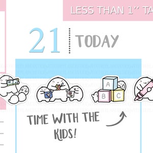 May include: A sheet of planner stickers featuring cartoon characters engaged in various activities. The stickers include characters reading, painting, playing with blocks, and holding a crayon. The text "TIME WITH THE KIDS!" is also present. The stickers are less than 2.5 cm tall.