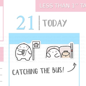 May include: Two planner stickers with a bus theme. One sticker shows a cartoon character at a bus stop, holding a phone. The other shows a character on a bus with a suitcase. Text reads "Catching the Bus!"