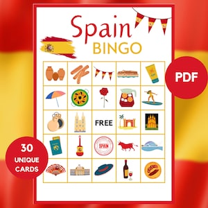 Spain Bingo - Travel Bingo - 30 Spain Bingo Cards - Spain Party Game - Spain Birthday - Spain Printable Bingo - PDF bingo