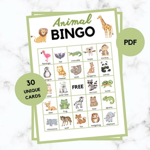 Bingo de animales - 30 cartones de bingo de animales - Juego de fiesta de animales - Animales - Bingo de animales