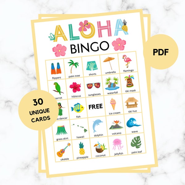 Aloha Bingo - 30 Aloha Bingo Cards - Aloha Party Game - Aloha Bingo - Aloha