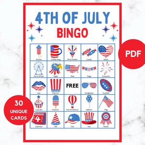 Bingo del 4 de julio - Bingo del Día de la Independencia - 30 cartones de bingo del 4 de julio - Juego de bingo patriótico - Bingo imprimible del 4 de julio - PDF