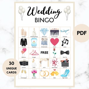 Wedding Bingo - Bridal Bingo - 30 Wedding Bingo Cards - Bridal Party Game - Wedding Game - Reception Game - Bridal Printable Bingo - PDF