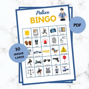 Bingo policial - 30 cartas de bingo policial - Juego de fiesta policial - Cumpleaños de la policía - Bingo policial