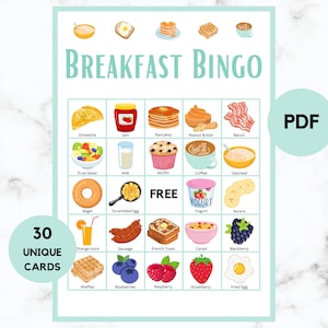 Bingo de Café da Manhã - Atividade de Café da Manhã - 30 Cartas de Bingo de Café da Manhã - Jogo de Festa do Café da Manhã - Bingo de Café da Manhã para Impressão - PDF