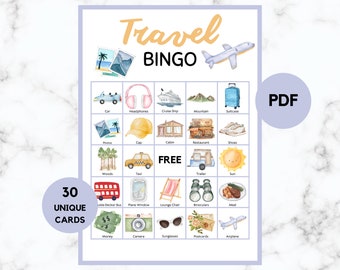 Bingo de viajes - 30 cartas de bingo de viajes - Juego de fiesta de viajes - Cumpleaños de viajes - Bingo de viajes imprimible - PDF