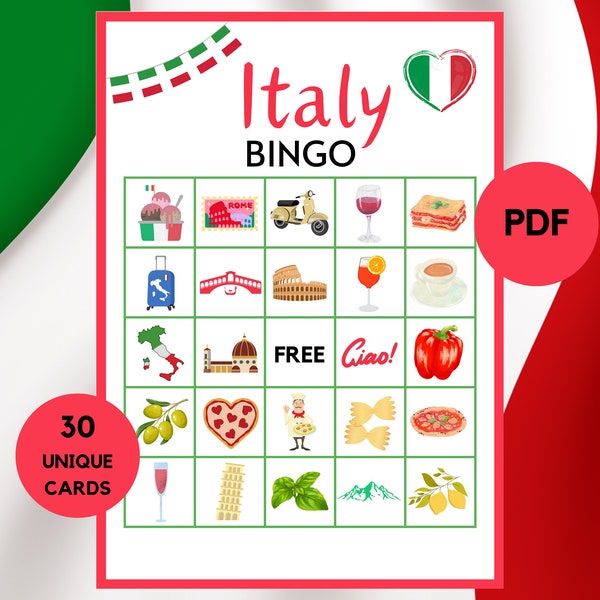 Italy Bingo - Travel Bingo - 30 Italy Bingo Cards - Italy Party Game - Italy Birthday - Pizza Bingo