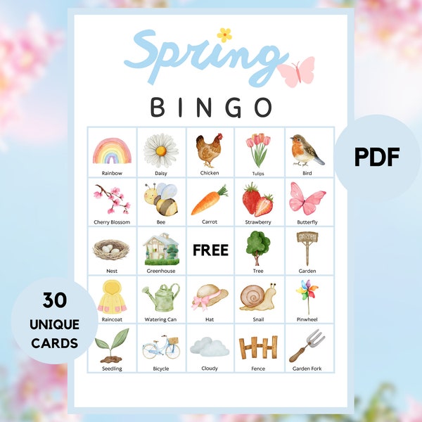 Bingo de printemps - Activité de printemps - 30 cartes de bingo de printemps - Jeu de printemps - Activité de printemps pour les enfants - Bingo de printemps imprimable - PDF