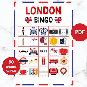 Bingo de Londres - Bingo de viaje - 30 cartones de bingo de Londres - Juego de fiesta de Londres - Bingo de Londres imprimible - Bingo de Inglaterra - PDF