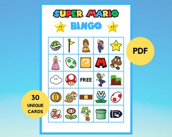 Super Mario Bingo - 30 cartones de Super Mario Bingo - Juego de fiesta de Super Mario - Cumpleaños de Super Mario - Super Mario Bingo