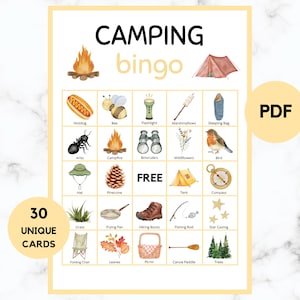 Camping Bingo - Activité de terrain de camping - 30 cartes de bingo de camping - Jeu de camping - Activité de camping - Bingo de camping imprimable - PDF