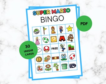Super Mario Bingo – 30 Super Mario Bingo-Karten – Super Mario Partyspiel – Super Mario Geburtstag – Super Mario Bingo