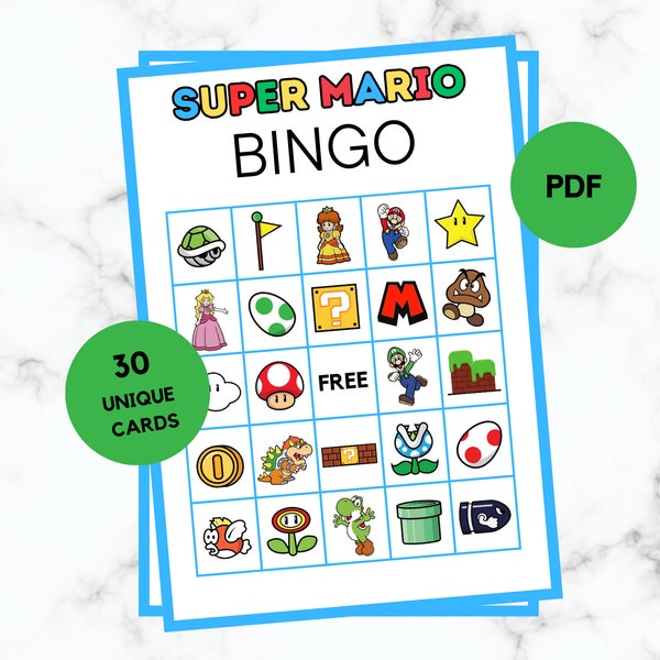 Super Mario Bingo – 30 Super Mario Bingo-Karten – Super Mario Partyspiel – Super Mario Geburtstag – Super Mario Bingo
