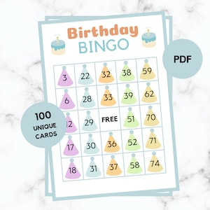 Birthday Bingo - 100 Birthday Bingo Cards - Birthday Party Game - Happy Birthday - Printable - Party hat