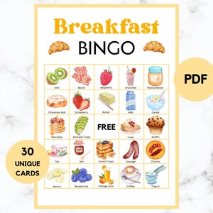 Breakfast Bingo - Attività per la colazione - 30 carte Breakfast Bingo - Gioco per feste per la colazione - Bingo per la colazione stampabile - PDF