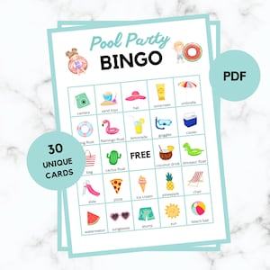 May include: A printable pool party bingo card with 30 unique cards. The card features images of summer pool party items like a flamingo float, sunglasses, a beach ball, and a cactus float. The card also includes the text "Pool Party Bingo" and "30 Unique Cards".