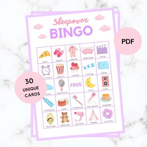 Übernachtungs-Bingo – 30 Übernachtungs-Bingokarten – Übernachtungs-Partyspiel – Übernachtungs-Geburtstag – Übernachtungs-Bingo
