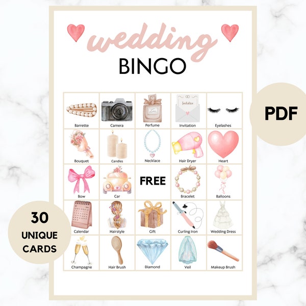 Wedding Bingo - Bridal Bingo - 30 Wedding Bingo Cards - Bridal Party Game - Wedding Game - Reception Game - Bridal Printable Bingo - PDF