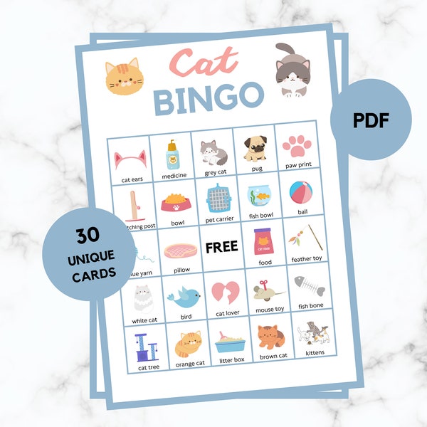 Cat Bingo - 30 Cat Bingo Cards - Cat Party Game - Cat Bingo - Birthday Bingo - Cat