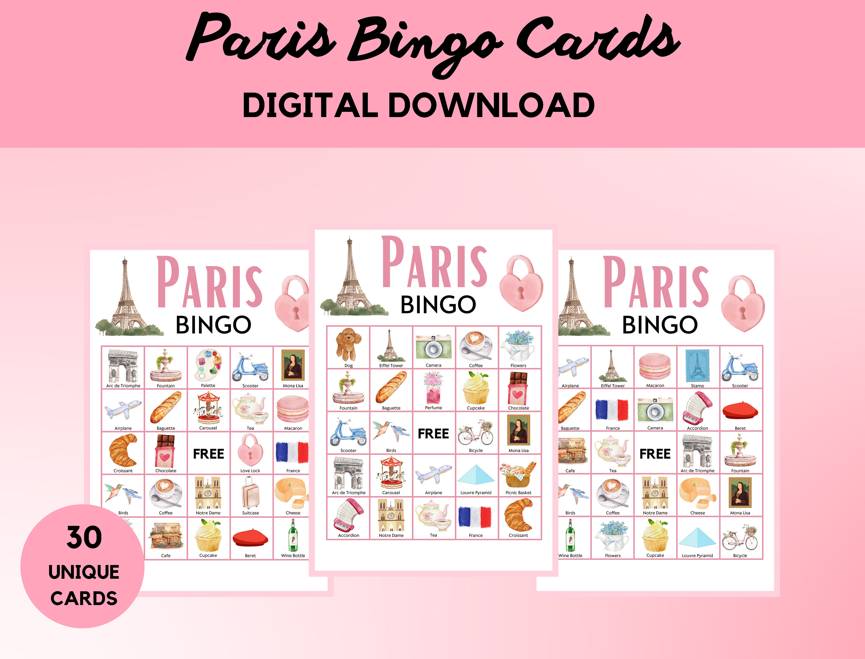 Paris Bingo - Travel Bingo - 30 Paris Bingo Cards - Paris Party Game ...