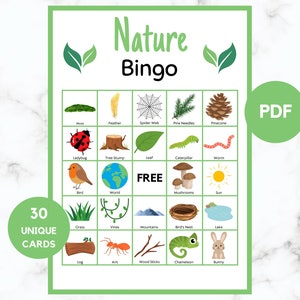 Bingo de la naturaleza - 30 cartas de bingo de la naturaleza - Juego de fiesta de la naturaleza - Bingo de caminata por la naturaleza - Bingo de camping - Bingo de la naturaleza imprimible - PDF