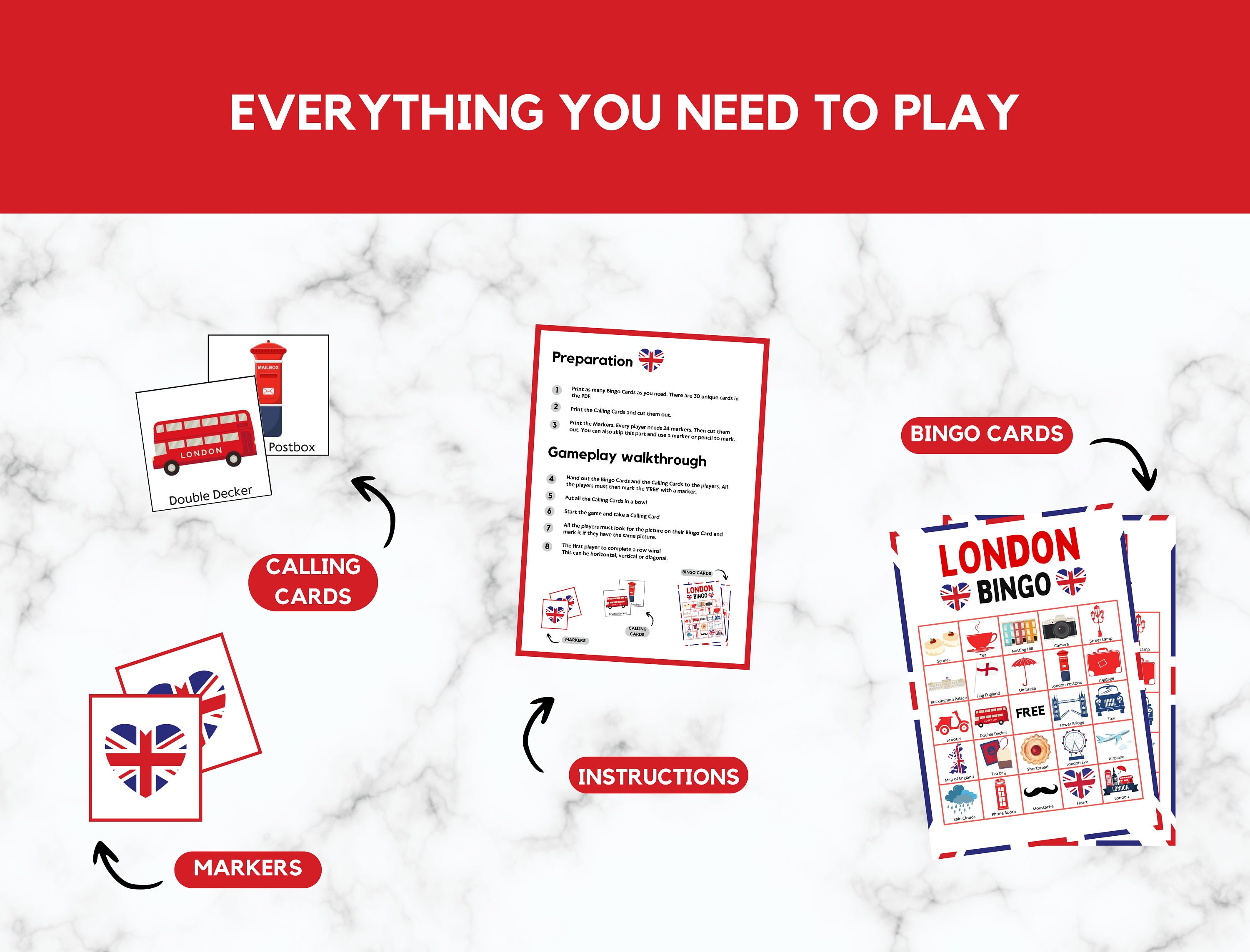 London Bingo - Travel Bingo - 30 London Bingo Cards - London Party Game ...