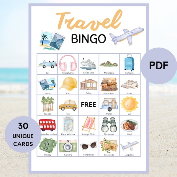 Reise-Bingo – 30 Reise-Bingo-Karten – Reise-Partyspiel – Reise-Geburtstag – druckbares Reise-Bingo – PDF