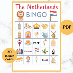 The Netherlands Bingo - Travel Bingo - 30 The Netherlands Bingo Cards - The Netherlands Party Game - The Netherlands - Printable - PDF