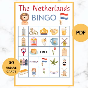 The Netherlands Bingo - Travel Bingo - 30 The Netherlands Bingo Cards - The Netherlands Party Game - The Netherlands - Printable - PDF