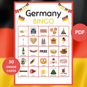 Bingo de Alemania - Bingo de viaje - 30 cartones de bingo de Alemania - Juego de fiesta de Alemania - Bingo de Alemania imprimible - PDF